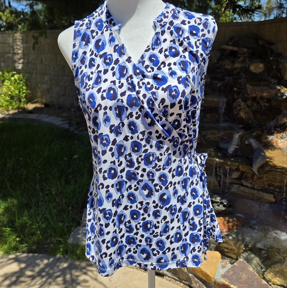 NWOT 41 Hawthorn Blue and White Patterned Wrap Blouse
